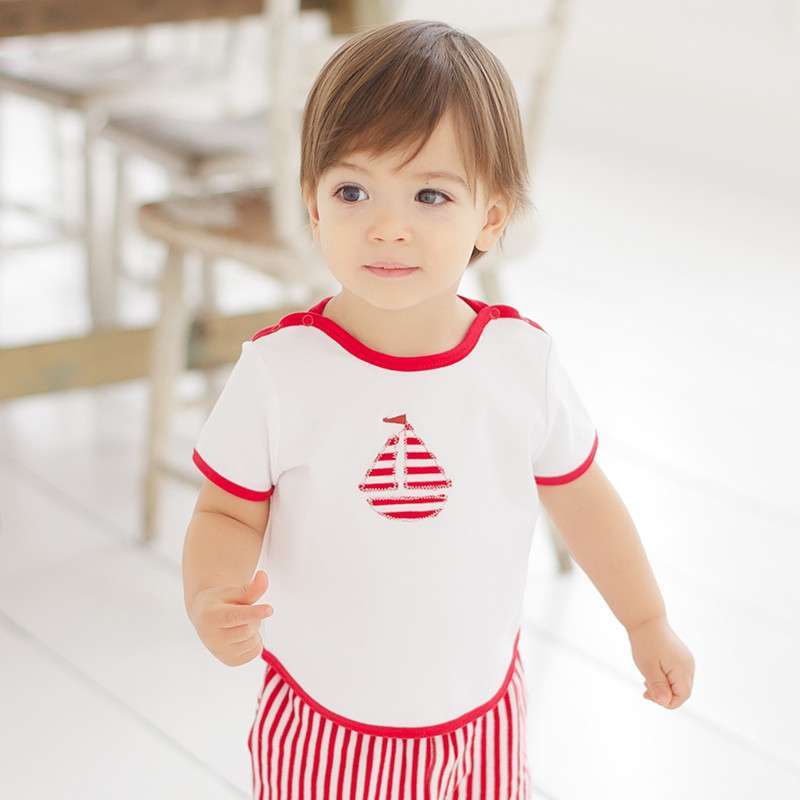 davebella婴儿2014夏季外出服套装宝宝纯棉T恤短裤2件套DB167 大红/米白 12M