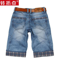 转折点 牛仔短裤男潮薄 5分牛仔中裤男格子蓝