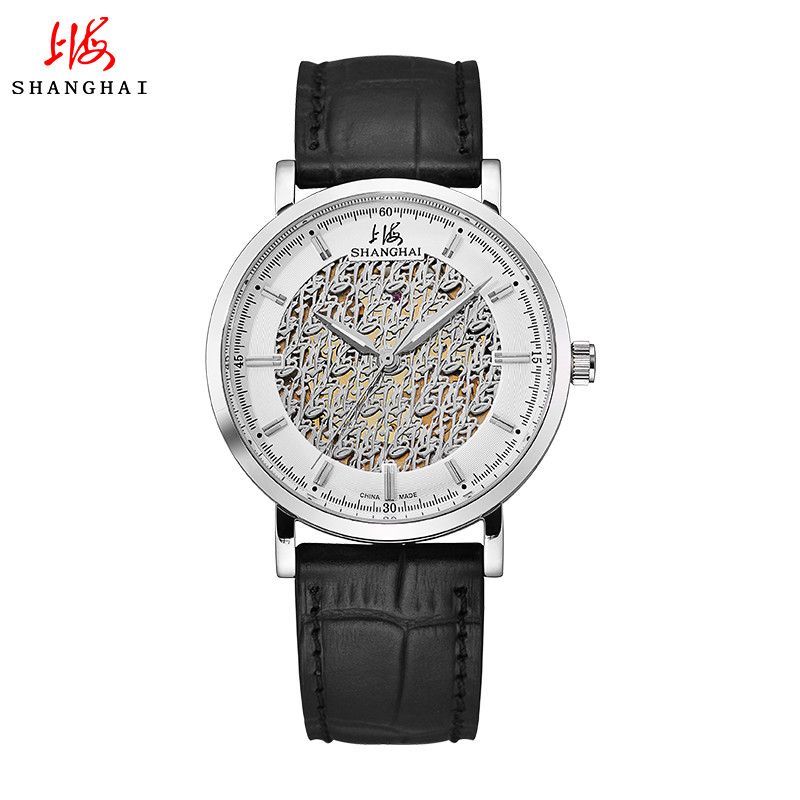 上海牌手表新品全国联保587-2 镂空真皮表带时尚男士腕表 机械表 白色皮带款