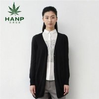 hanp汉麻世家长袖羊毛针织<em>开衫女黑色</em>中长款