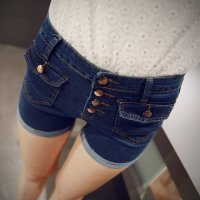 韩文2015夏大码高腰牛仔短裤 修身排扣弹力裤