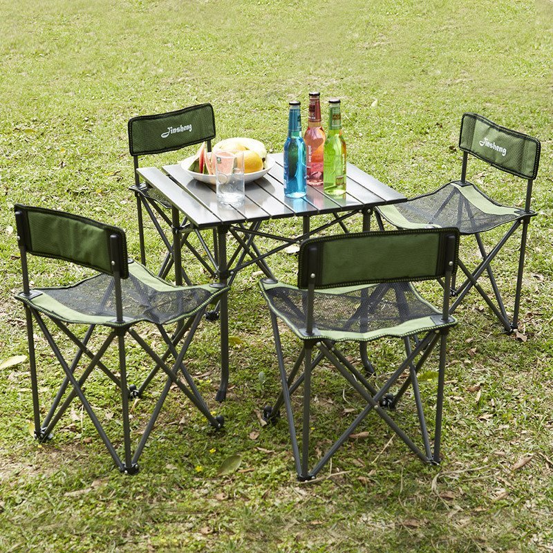 艾格调 户外桌椅 折叠组合便携式五件套烧烤自驾游休闲沙滩桌椅套装 绿色