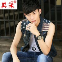 其采 <em>2015新款男装</em>牛仔<em>马甲</em>修身韩版潮款国旗