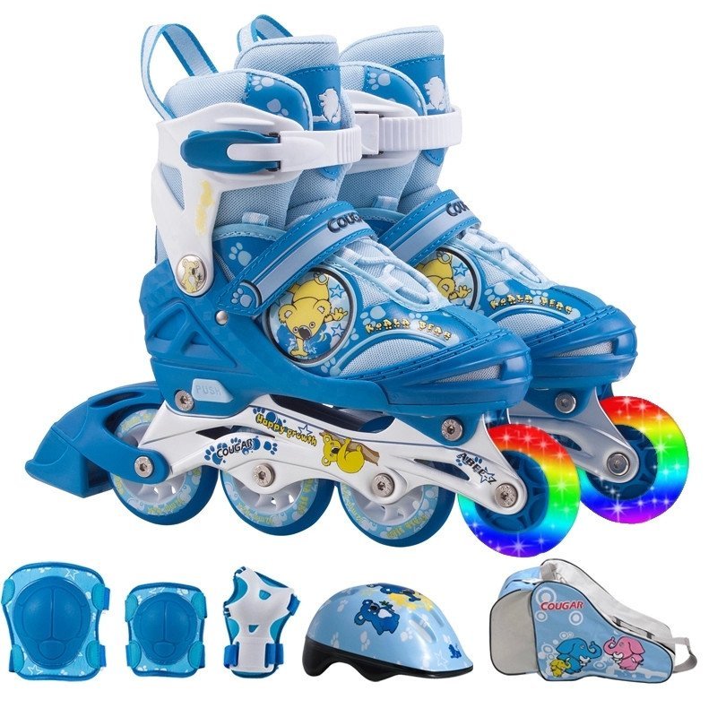 美洲狮（COUGAR）MZS868PS可调闪光儿童全套装轮滑鞋溜冰鞋旱冰鞋 M(34-37码) 蓝色+护具+头盔+单肩包