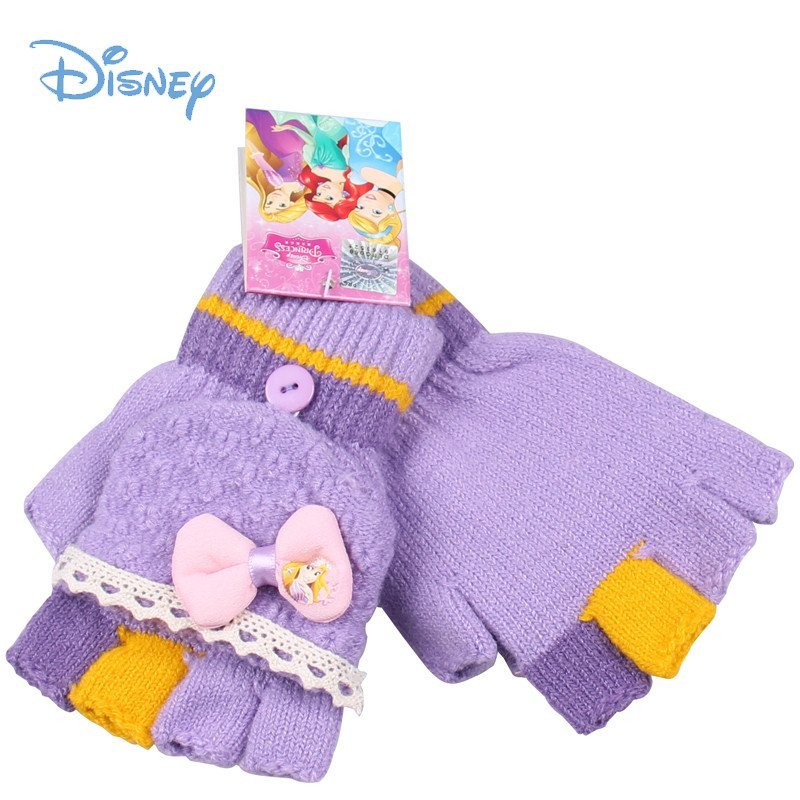 迪士尼女童毛线针织半指套五指套 冬季儿童翻盖两用写字保暖手套 DS00145 6-15岁 紫色