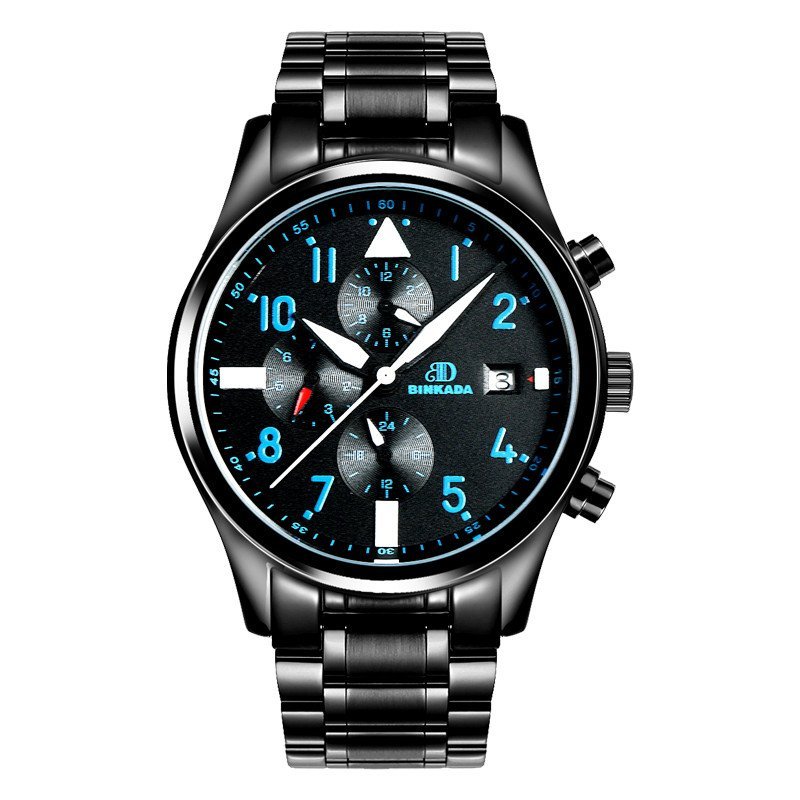 宾卡达飞行员全自动机械表 黑色钢带防水腕表 时尚潮流男士手表7001H 钢带蓝面