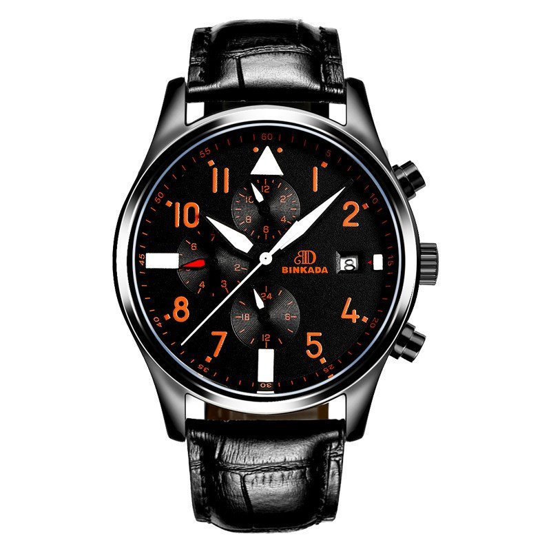 宾卡达飞行员全自动机械表 黑色钢带防水腕表 时尚潮流男士手表7001H 钢带橙面