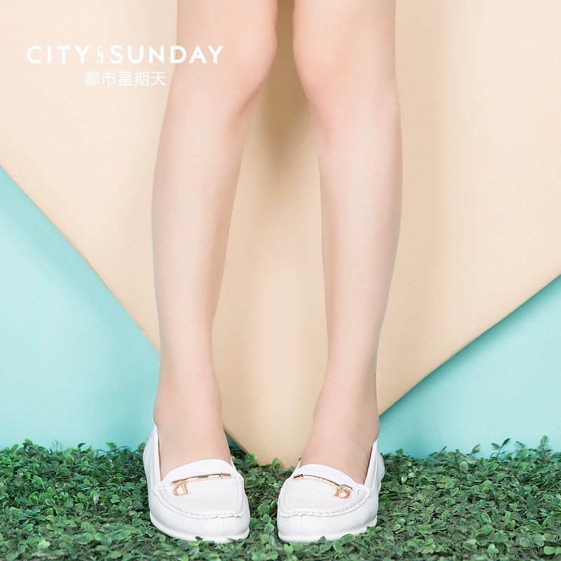 City sunday/都市星期天女鞋2015新款豆豆鞋春夏休闲真皮驾车单鞋白色