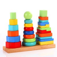 木童玩具 三柱几何套塔彩色积木 木制儿童益智