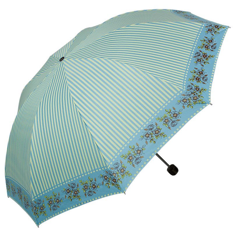 天堂伞 UPF50+加大加固黑胶丝印条纹花三折刚杆钢骨晴雨伞太阳伞 30056ELCJ 浅蓝