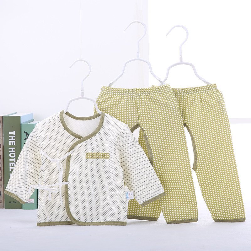 南极人婴儿内衣套装纯棉新生儿衣服春秋儿童春装宝宝0-3个月系带2件套 雨点格草绿 59cm