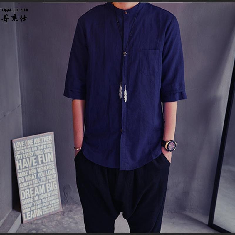 【谦优尚系列】丹杰仕短袖衬衫男夏衬衫韩版修身五分中袖衬衣亚麻立领七分袖男士潮时尚 黑色 XXL XXXL 深蓝色图片,高清实拍图-苏宁易购