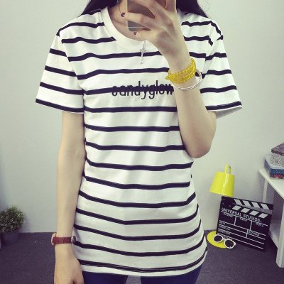 卜华2016夏季新款修身短袖女款中长款条纹短