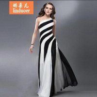 琳朵儿2016新款斜肩黑白条纹连衣长裙晚会礼