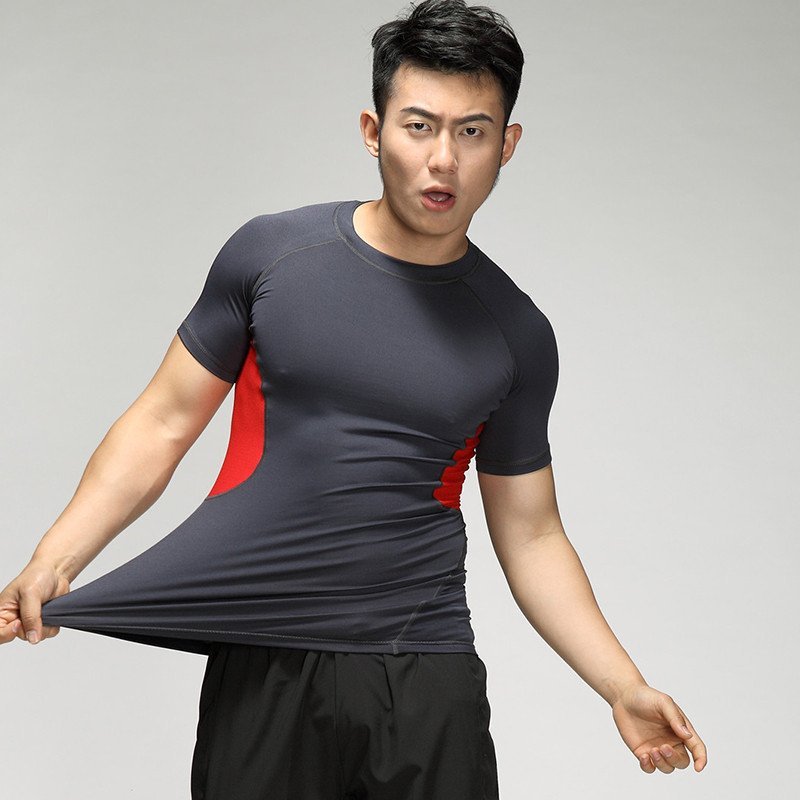 春秋短袖健身服男排汗透气速干紧身衣健身房套装跑步服装中裤 短裤 m