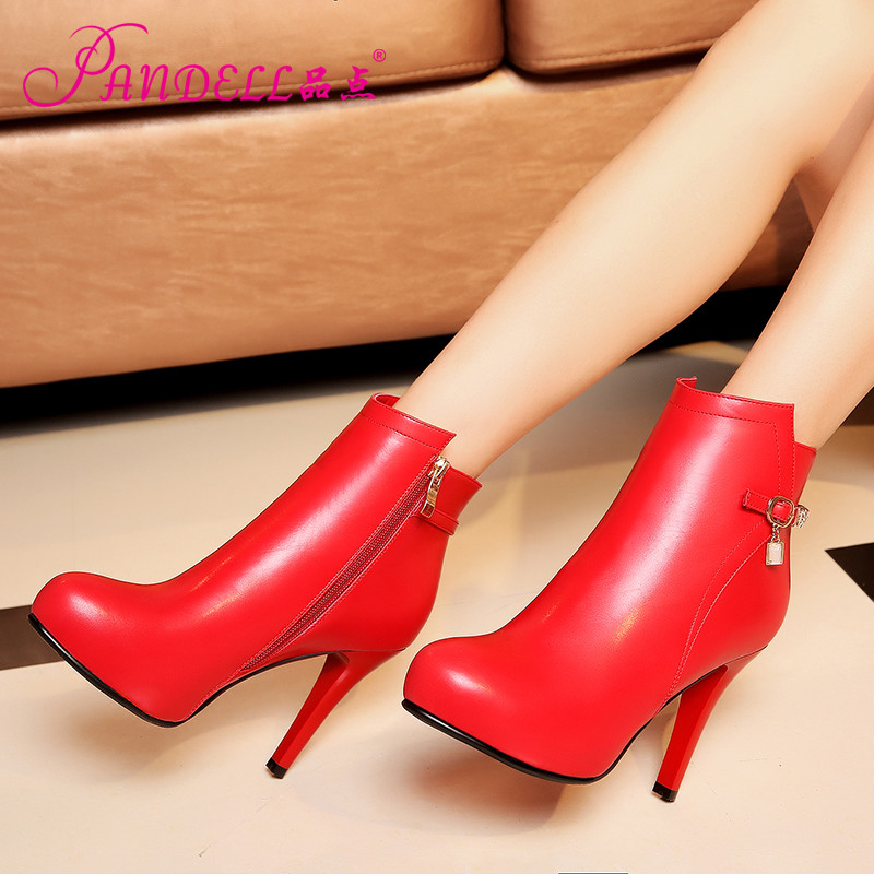 品点欧美版新款高跟圆头短靴时尚优雅马丁靴细跟女靴秋冬女鞋 红色 36码