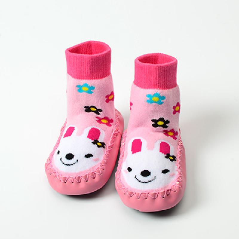 宝宝地板袜婴儿男女童布底皮边加厚毛圈秋冬学步鞋 防滑公仔袜 14cm(13-24个月) 粉底白兔