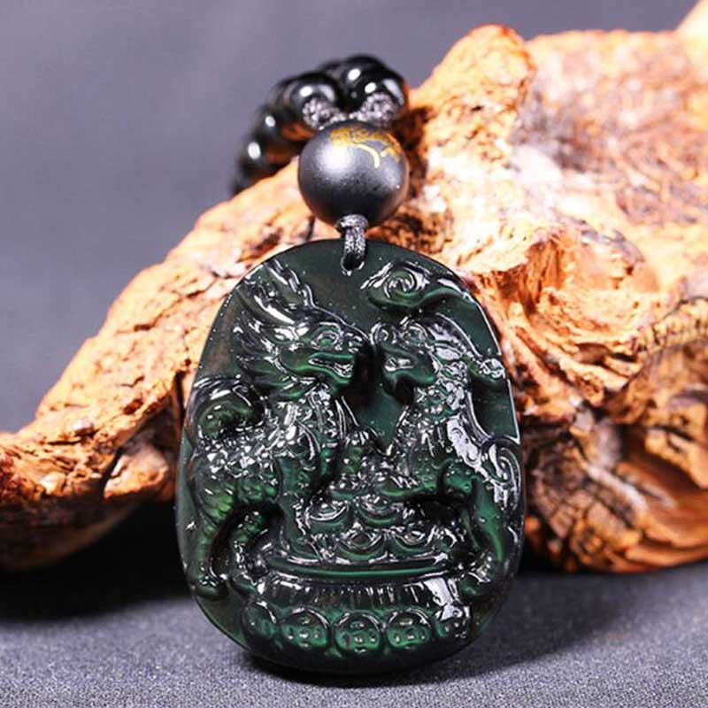 晶妍珠宝开光天然黑曜石双雄得财麒麟貔貅吊坠