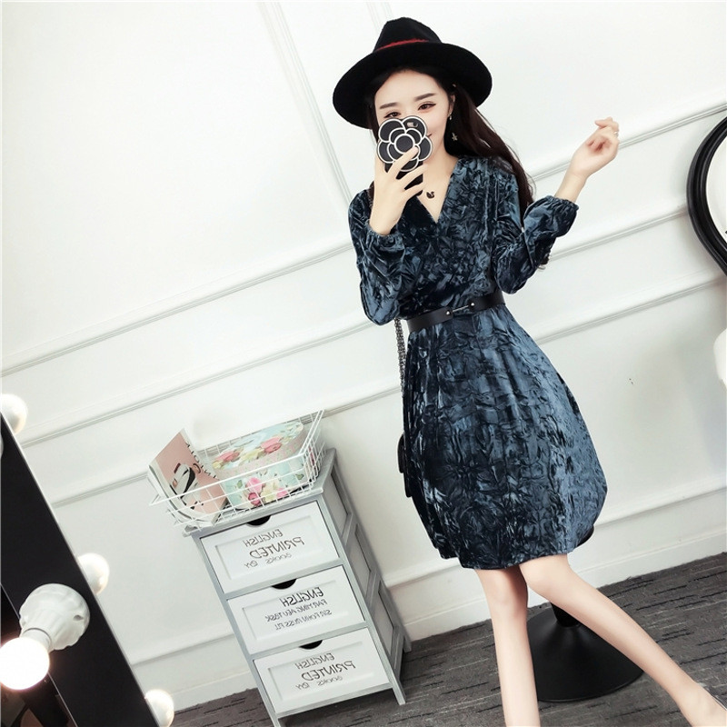 娇米诗2016秋冬季韩版气质V领丝绒修身长袖连