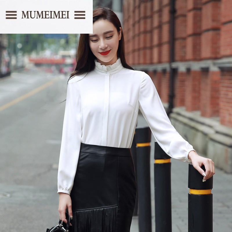 MUM2017秋装女装新款长袖工作服白色韩版潮