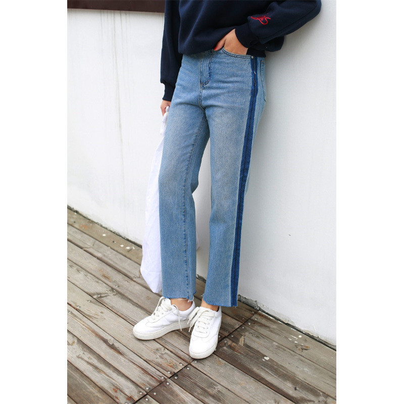 蔚缇水洗磨白毛边高腰牛仔裤女九分裤撞色显瘦