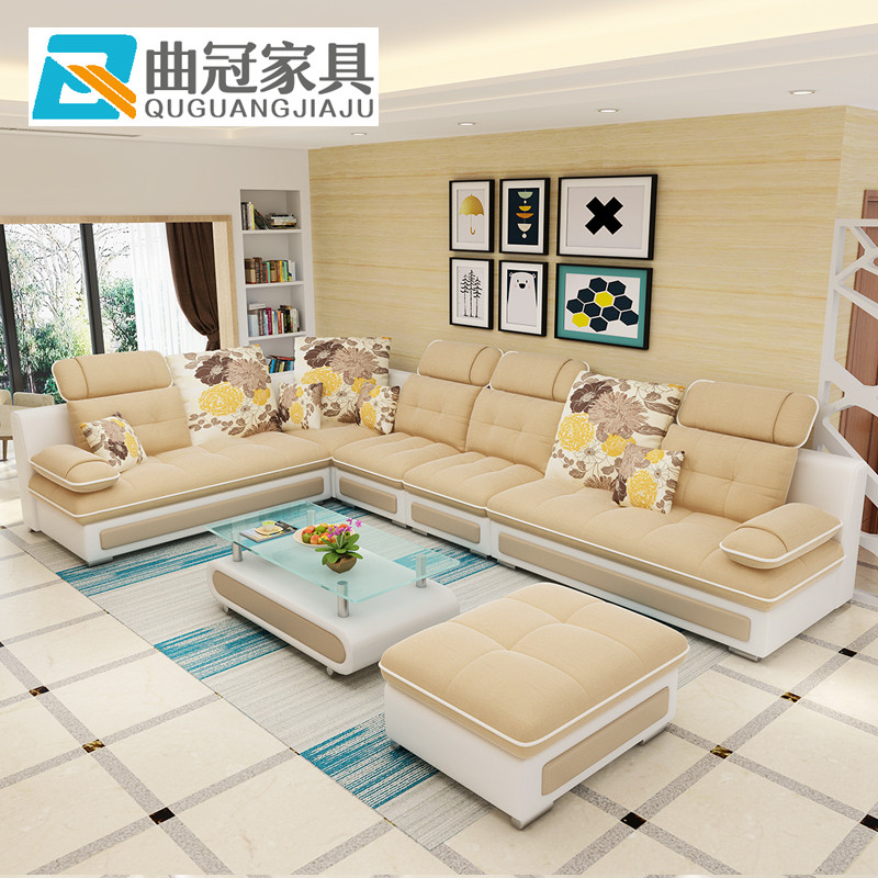 曲冠(Quguan)沙发 布艺沙发组合大小户型客厅沙发 简约现代 可拆洗U型转角布沙发家具 海绵版/7件套+精品茶几+电视柜