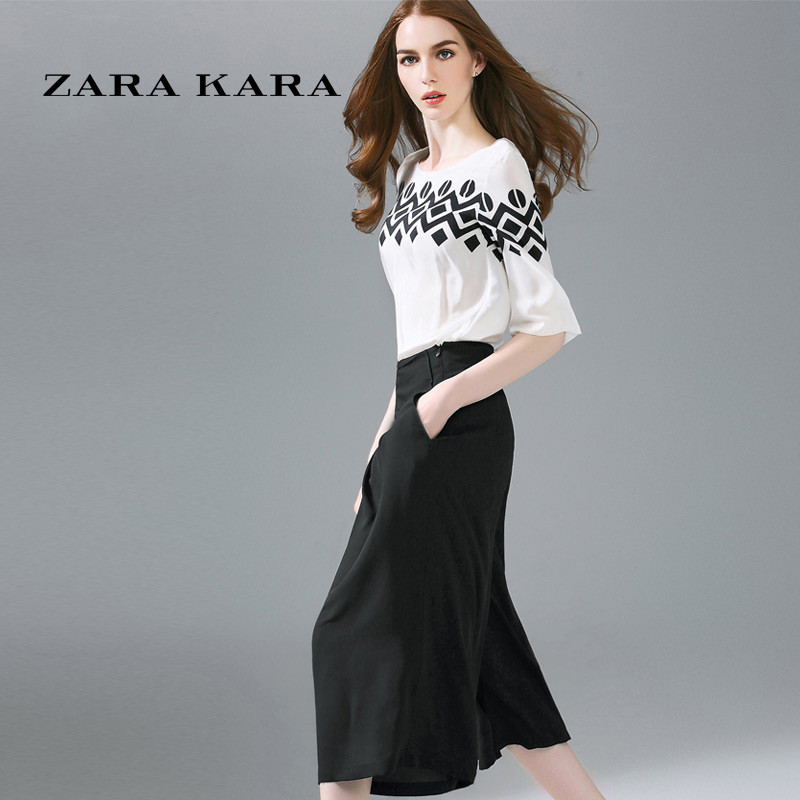 ZARA KARA印花阔腿裤子时尚套装女装夏装名媛气质显瘦两件套2017夏季新款 XL 上白下黑