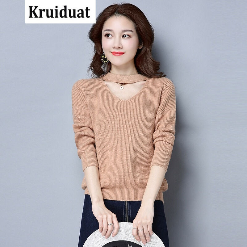 Kruidvat2017新款宽松女式针织衫V领长袖薄毛