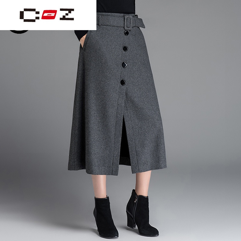 CZ潮流品牌羊毛呢开叉半身裙秋冬中长款一步