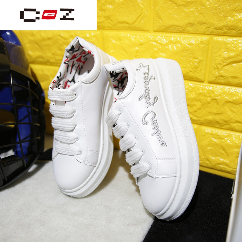 CZ潮流品牌韩国绣花小白鞋女系带秋冬季厚底