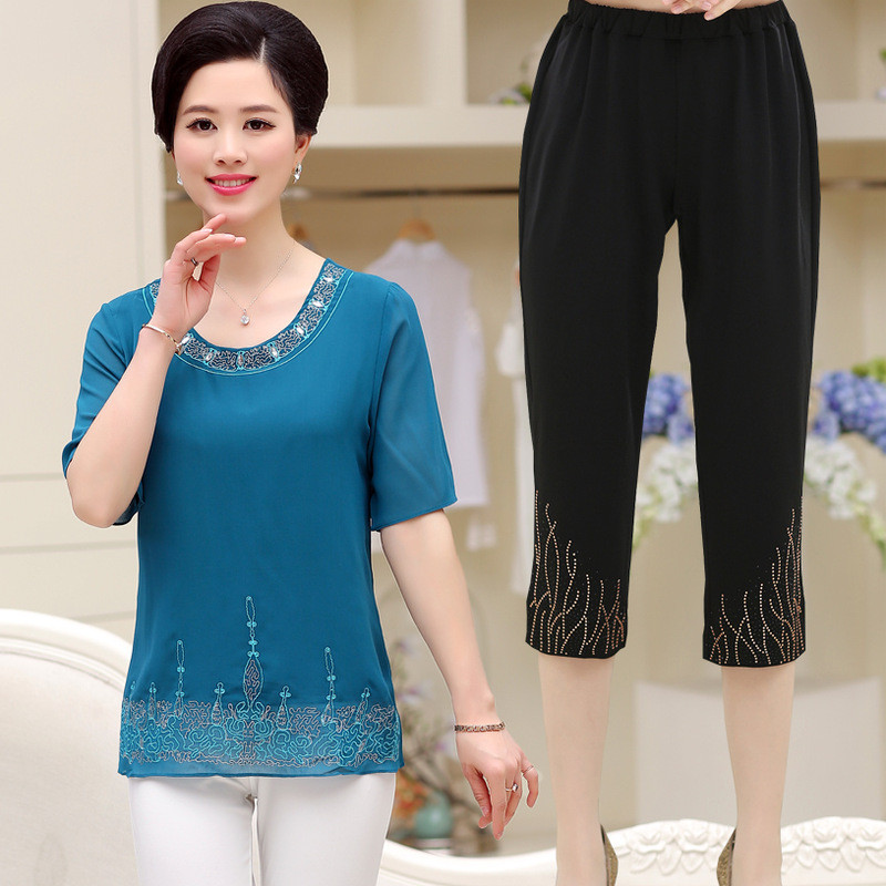 中老年人女装短袖T恤雪纺衫上衣中年女裤子4