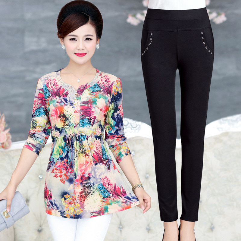 中老年女装春秋款长袖上衣裤子两件套40中年