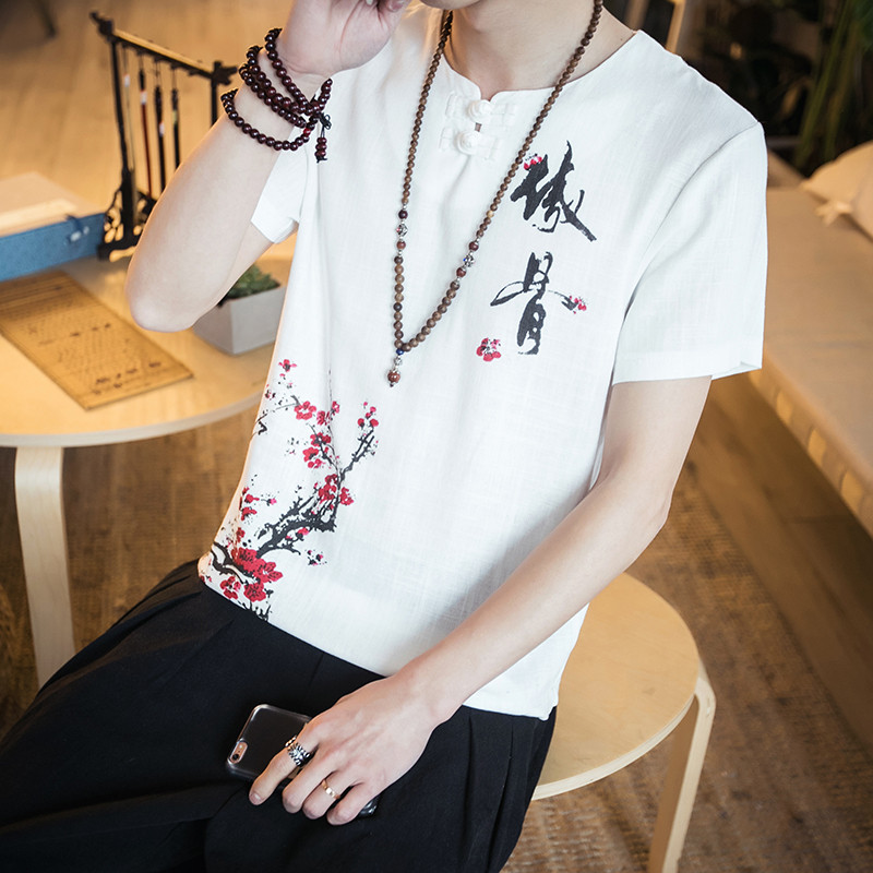 夏季亚麻短袖T恤男士中国风男装梅花印花中式