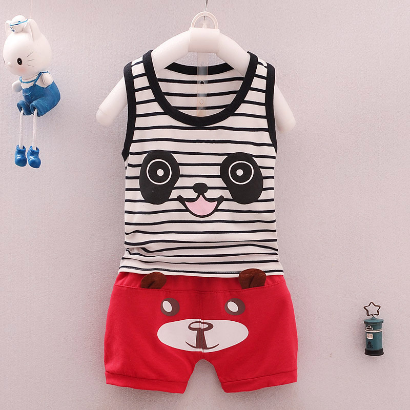 2018新款童装夏季婴童纯棉套装 男女中小童纯棉卡通背心两件套YYM018-月 熊猫红色 M（适合身高73-80cm）