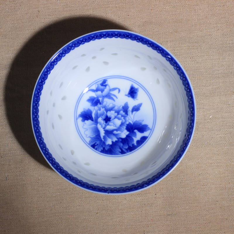 LICHEN 景德镇青花玲珑陶瓷碗 釉中彩陶瓷器饭碗 牡丹花 5英寸饭碗1个 微波炉适用