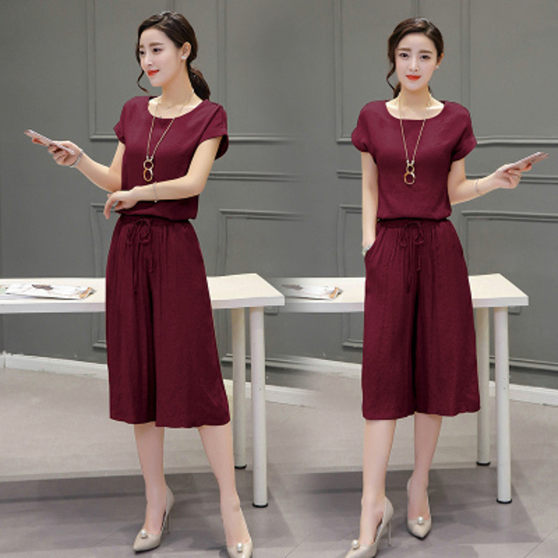 琳朵儿2017时尚棉麻2件套阔腿裤短袖棉麻服七