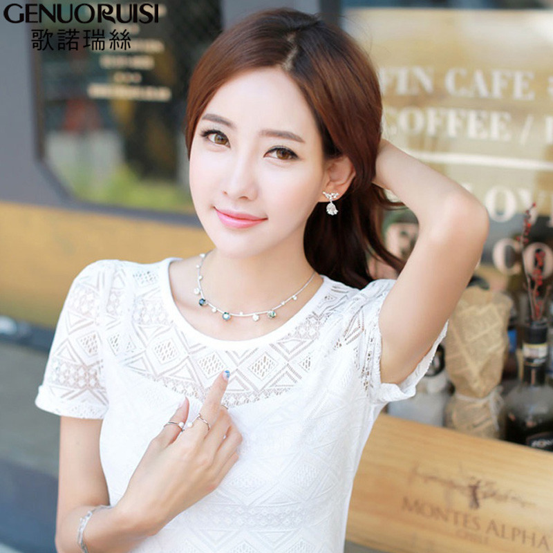 歌诺瑞丝2017夏季新款韩版大码修身百搭白色蕾丝打底衫短袖T恤-6885 3XL 白色
