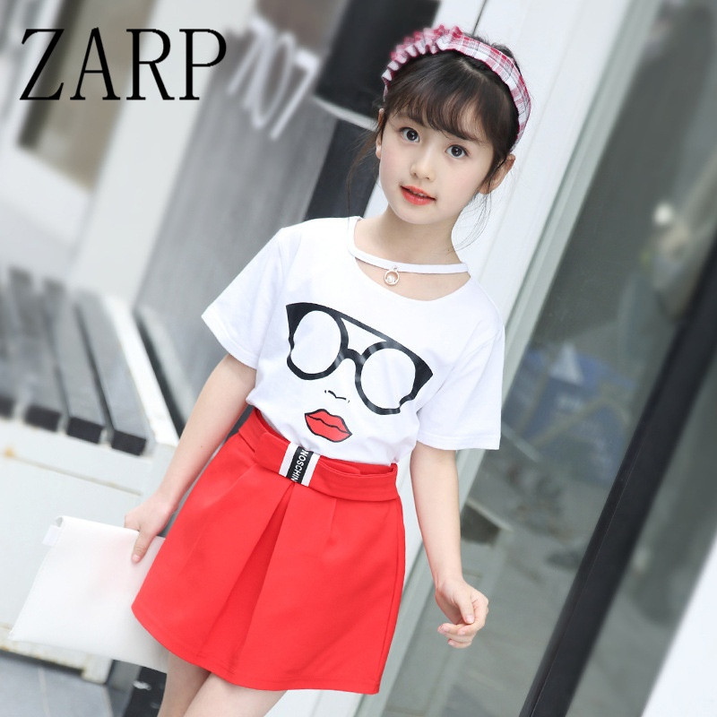 zarp童装女童夏款2017休闲韩版女孩两件套夏季儿童卡通t恤短裙套 150
