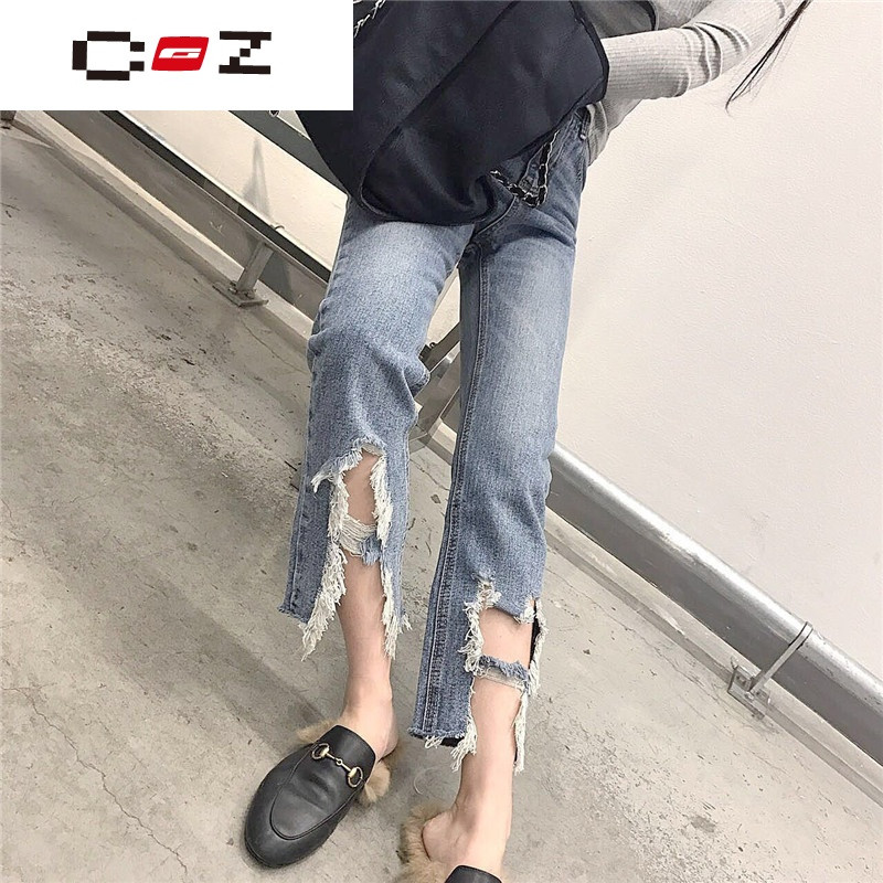 CZ潮流品牌裤脚磨破洞剪韩风chic裤脚不对称