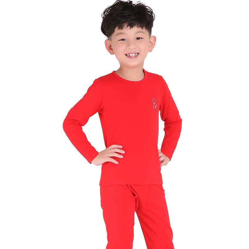 猫人儿童 男女童纯棉莱卡套服男孩女孩保暖家居服套装 经典组合款 160CM 红色（男孩圆领）