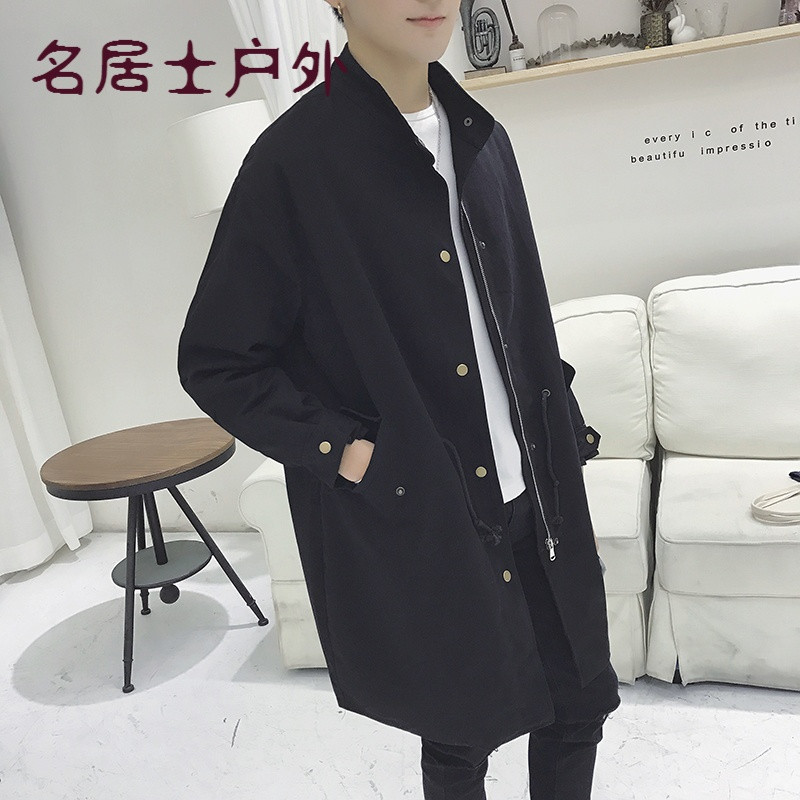 春秋季男士风衣中长款韩版潮流黑色大衣修身学