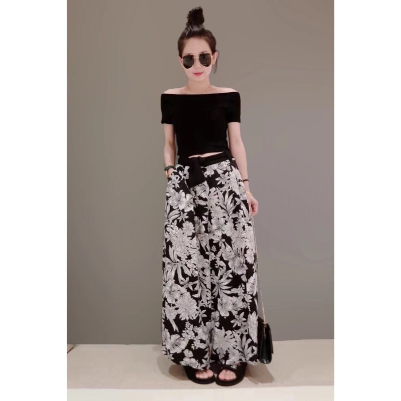 字领T恤花色阔腿裤套装女两件套裤裙潮 2XL适