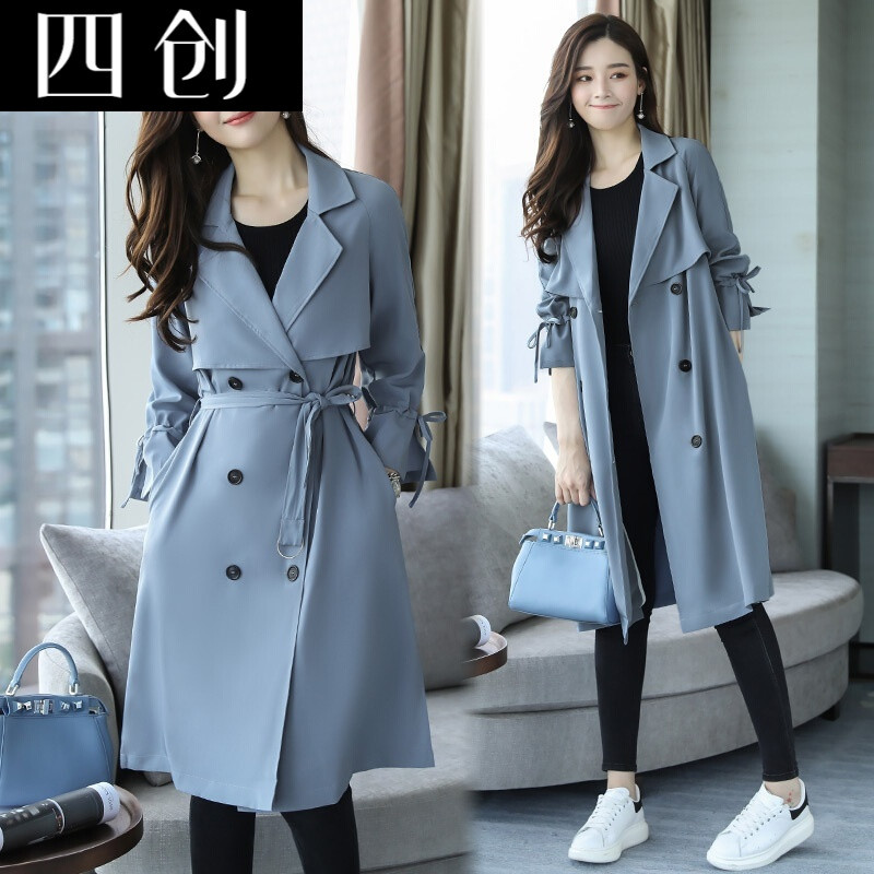 2017春秋新款韩版风衣女中长款过膝蓝色系带