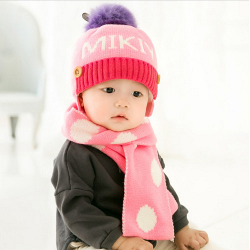 贝迪牛秋季新品+秋冬婴儿童男女宝宝毛线帽子围脖两件套 均码（6个月-24个月） 粉色MIKIY加绒毛线2件套