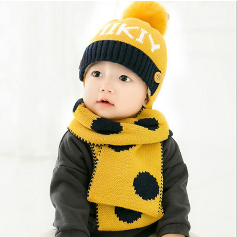 贝迪牛秋季新品+秋冬婴儿童男女宝宝毛线帽子围脖两件套 均码（6个月-24个月） 黄色MIKIY加绒毛线2件套