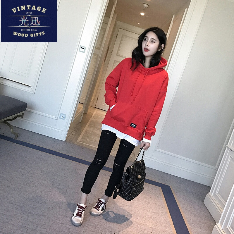 2017春季女装新款韩版中长款假两件卫衣女连