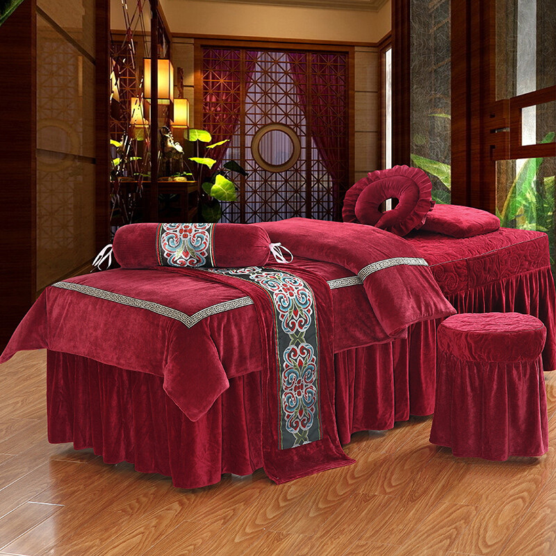 韩式加厚水晶绒纯色保暖美容床罩四件套美容院