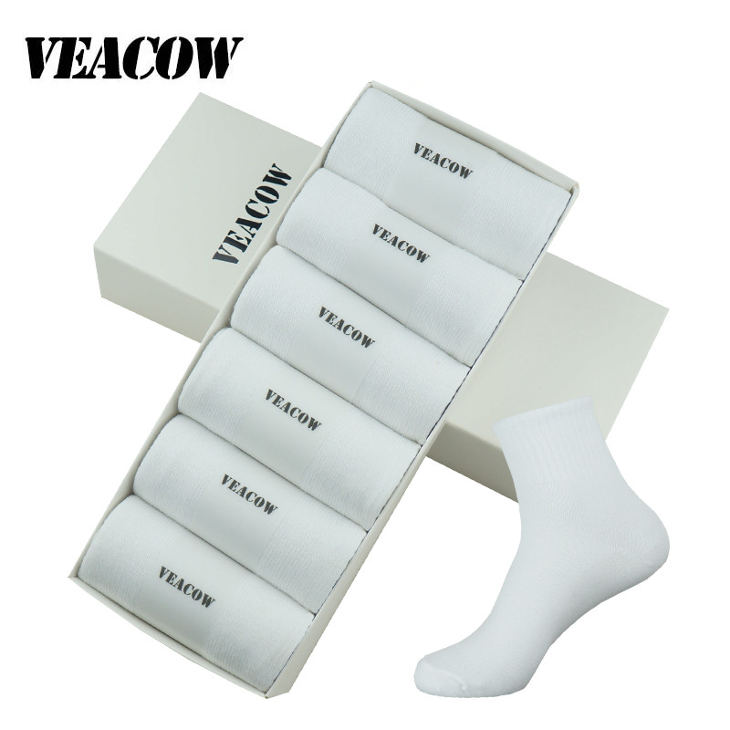 VEACOW 10双装 男女士四季运动休闲螺纹口中筒袜 男款白色10双 均码