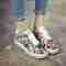 品牌女鞋韩版新款花色涂鸦休闲女鞋学生系带单鞋低帮平底板鞋休闲鞋板鞋帆布拼色鞋 红色 36