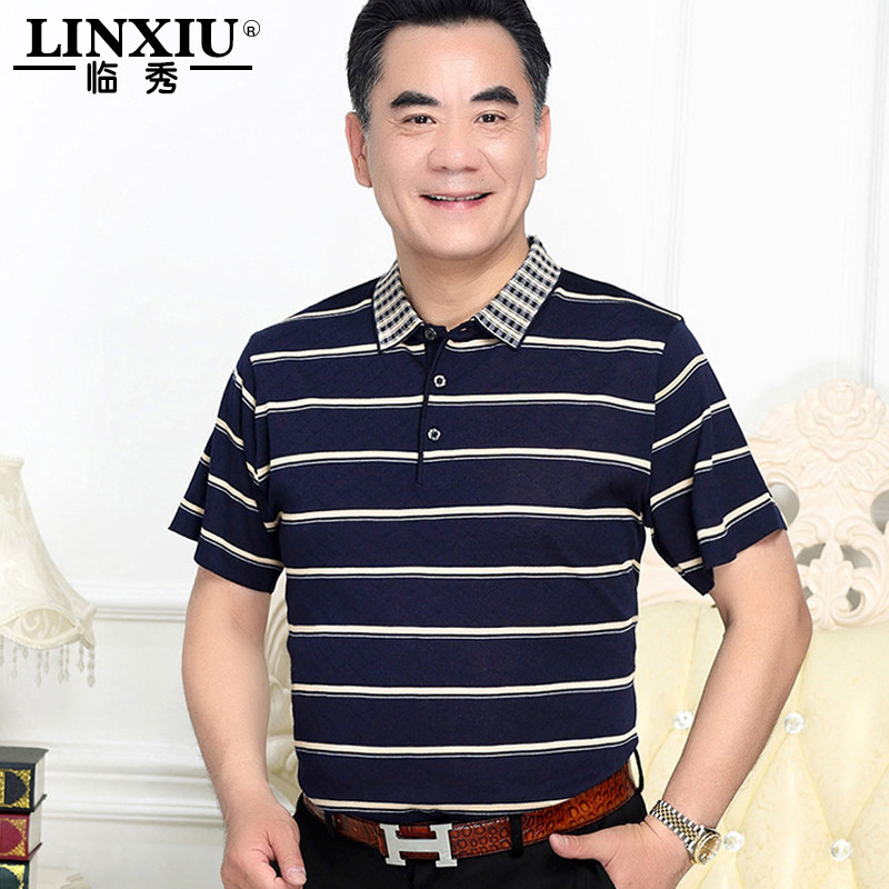 新款父亲装夏季冰丝短袖T恤中年人男士爸爸夏